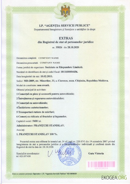 Certificat de constitution en Moldavie